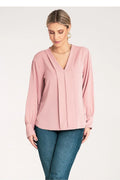 Chemisier élégant pour femme en satin longues manches encolure V poignets boutonnés coupe droite coloris rose pâle polyester 100%