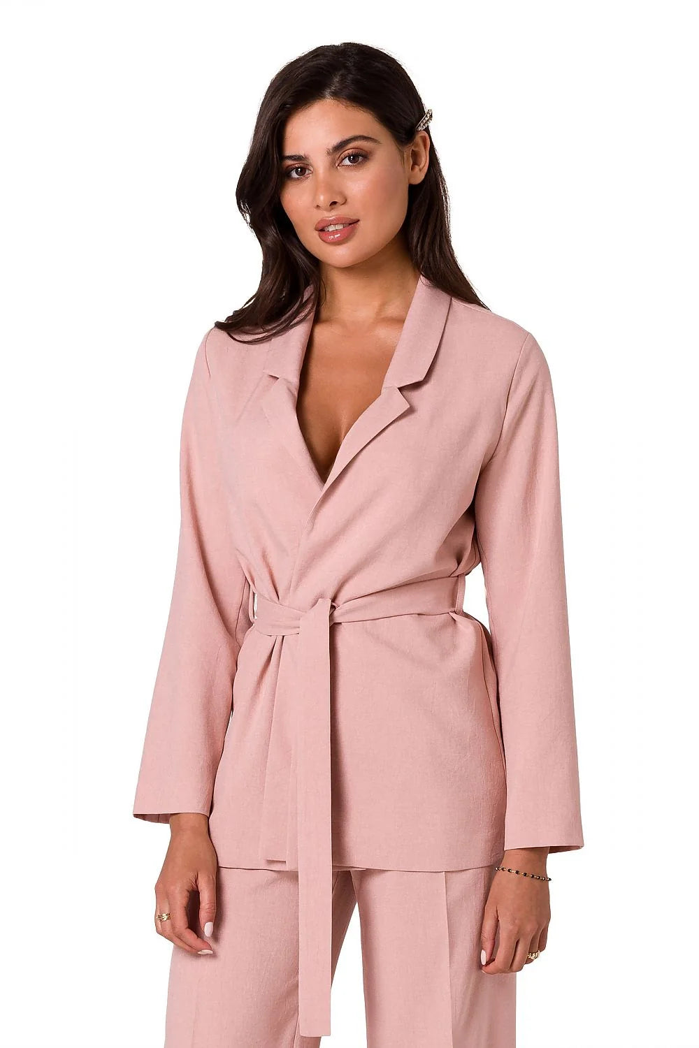 Ensemble femme blazer chemisier manches longues pantalon droit taille ajustable style élégant matériau léger couleur blanc pur