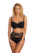 Ensemble de lingerie féminine raffiné soutien-gorge balconnet dentelle florale culotte haute porte-jarretelles intégrés tulle noir occasion spéciale