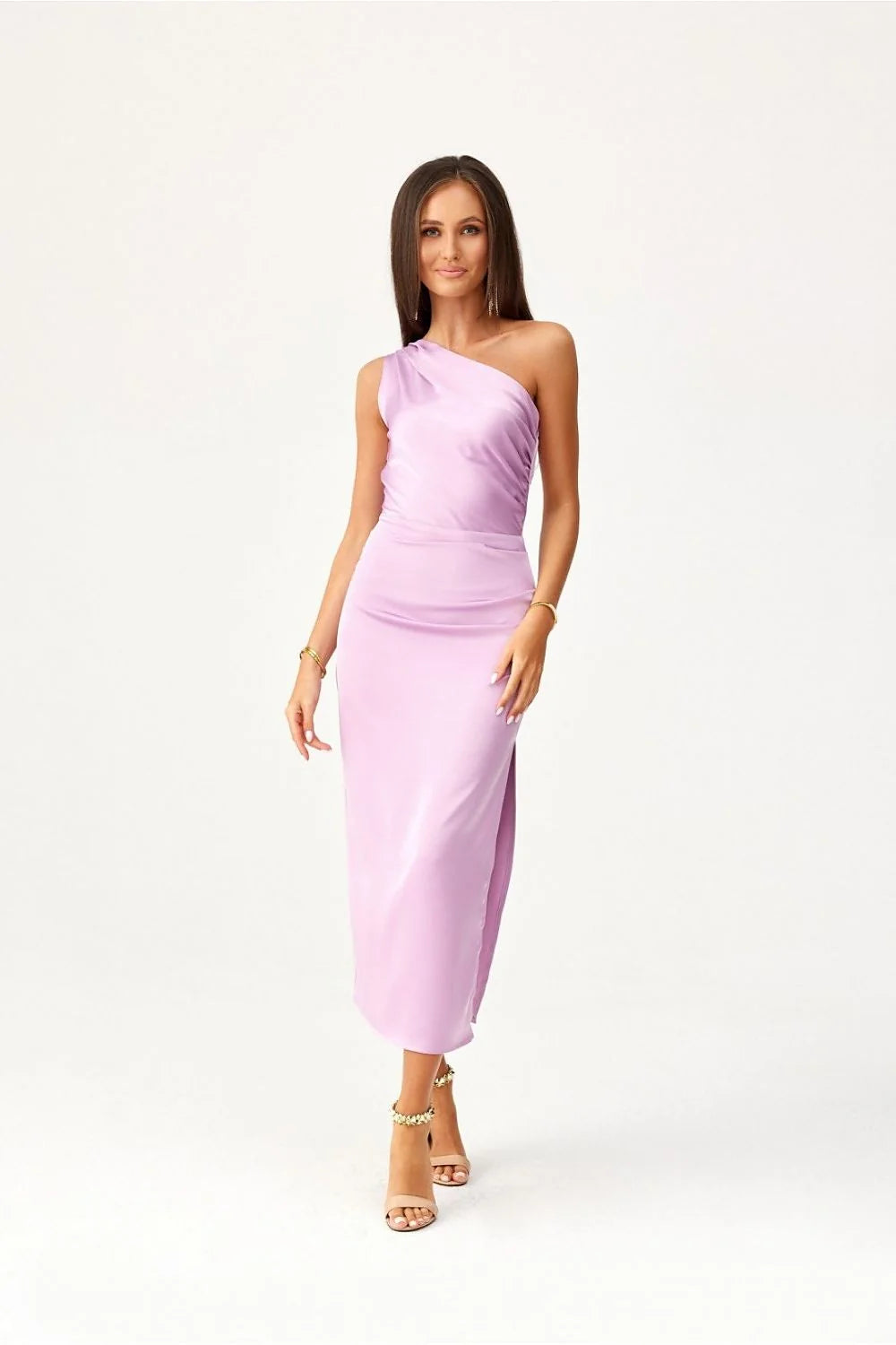 robe soirée longue midi asymétrique épaule nue satinée lilas lavande moulante fourreau drapé buste fronces fente latérale fermeture invisible élégante
