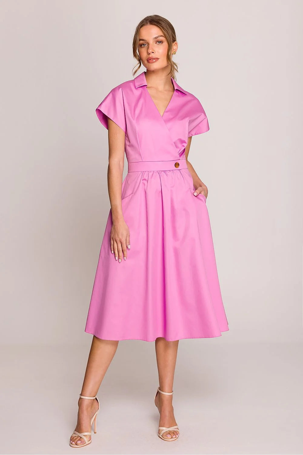 Robe de jour élégante A-line V-neck manches courtes ceinture tissu vibrant rose poplin femme