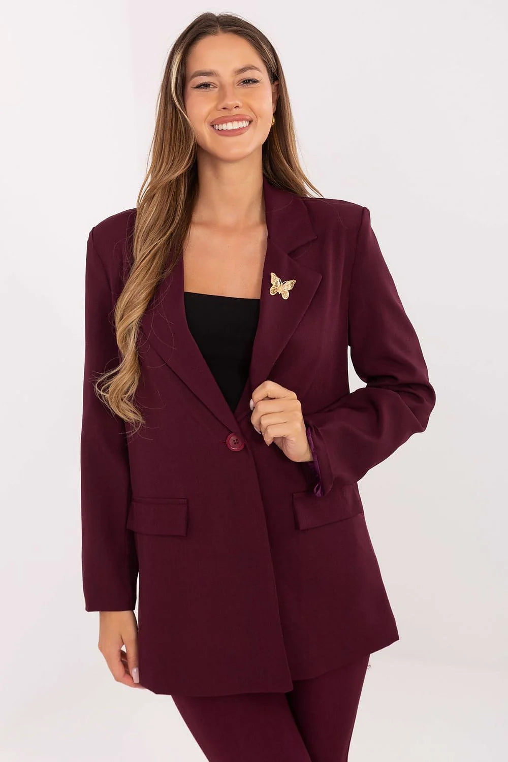 veste blazer tailleur femme oversize longue revers crantés bordeaux structuré polyester élasthanne doublure épaulettes cousues manches longues broche papillon dorée