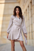 Robe de cocktail féminine élégante portefeuille manches longues bouffantes en V couleur beige ceinture ajustable femmes