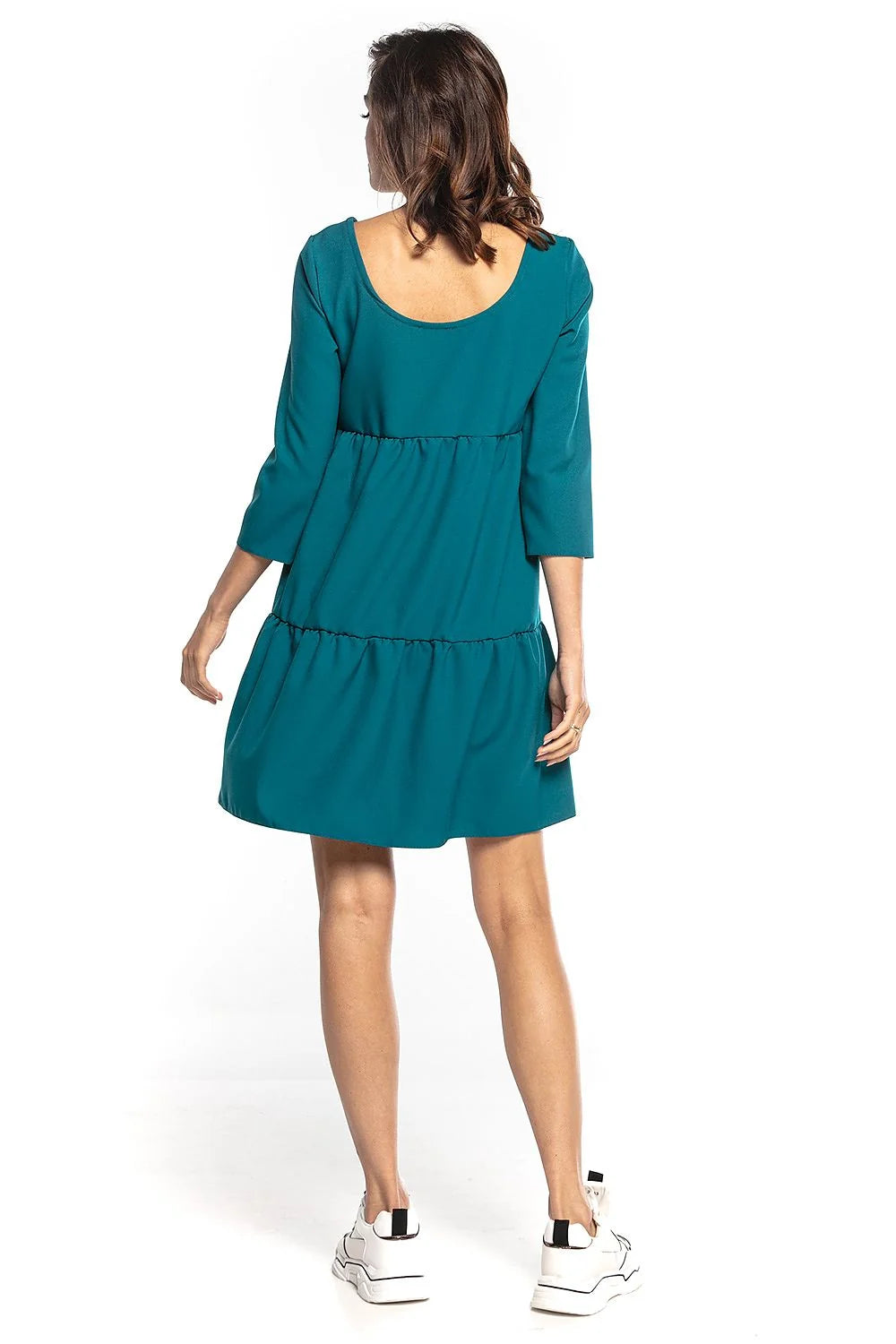 Robe ample polyester élasthanne décontractée élégante manches trois-quarts col rond bleu canard automne femmes