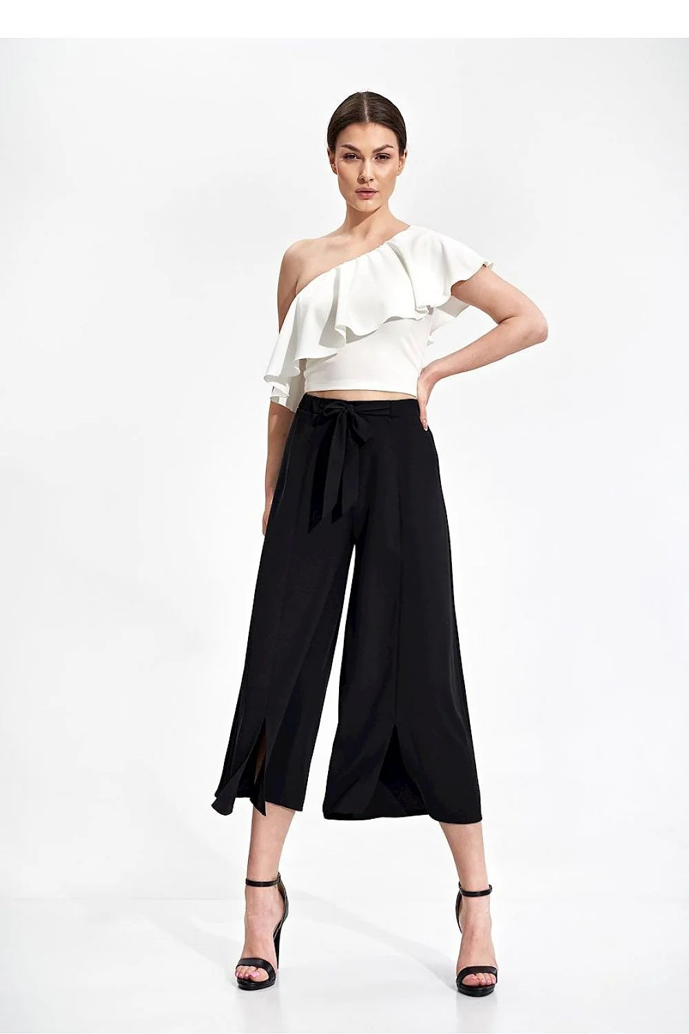 Pantalon femme Figl asymétrique culotte vert vif ceinture nouée coupe ample polyester 100% taille ajustable occasion élégante