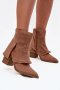 bottines femme daim écologique cognac suédé cheville bout pointu talon colonne neuf centimètres rabattu effiloché fermeture éclair latérale
