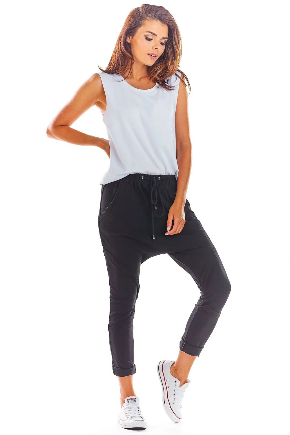 Pantalon survêtement Infinite You femme confortable matière originale taille élastique poches larges style moderne décontracté coton lycra noir blanc