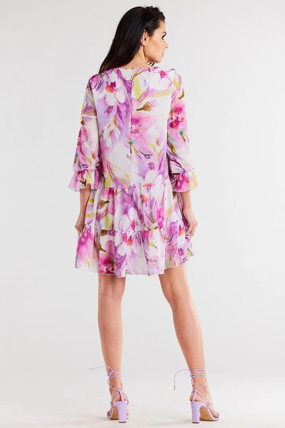 robe awama mousseline polyester floral imprimé aquarelle rose lilas vert blanc coupe trapèze volants superposés manches bouffantes décolleté V