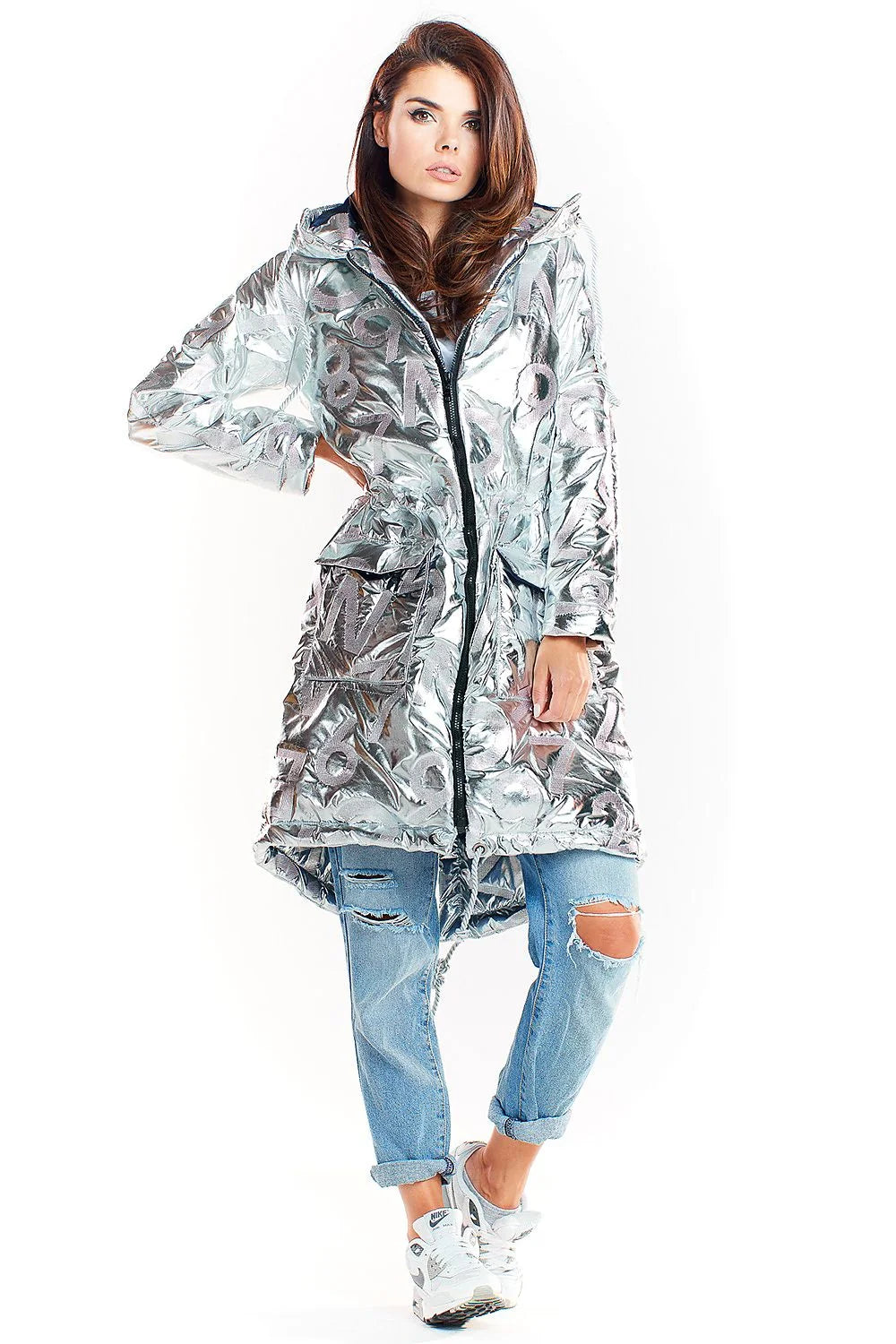 Manteau oversize brillant polyester femme moderne capuche intégrée fermeture éclair style polonais contrasté élégant