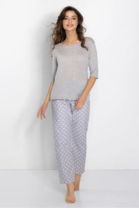 pyjama femme confort élégant gris clair jersey manches mi longues encolure ronde coupe ample pantalon droit pois blancs passepoil minimaliste