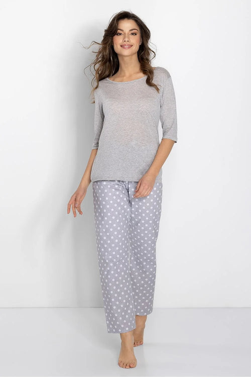 pyjama femme confort élégant gris clair jersey manches mi longues encolure ronde coupe ample pantalon droit pois blancs passepoil minimaliste