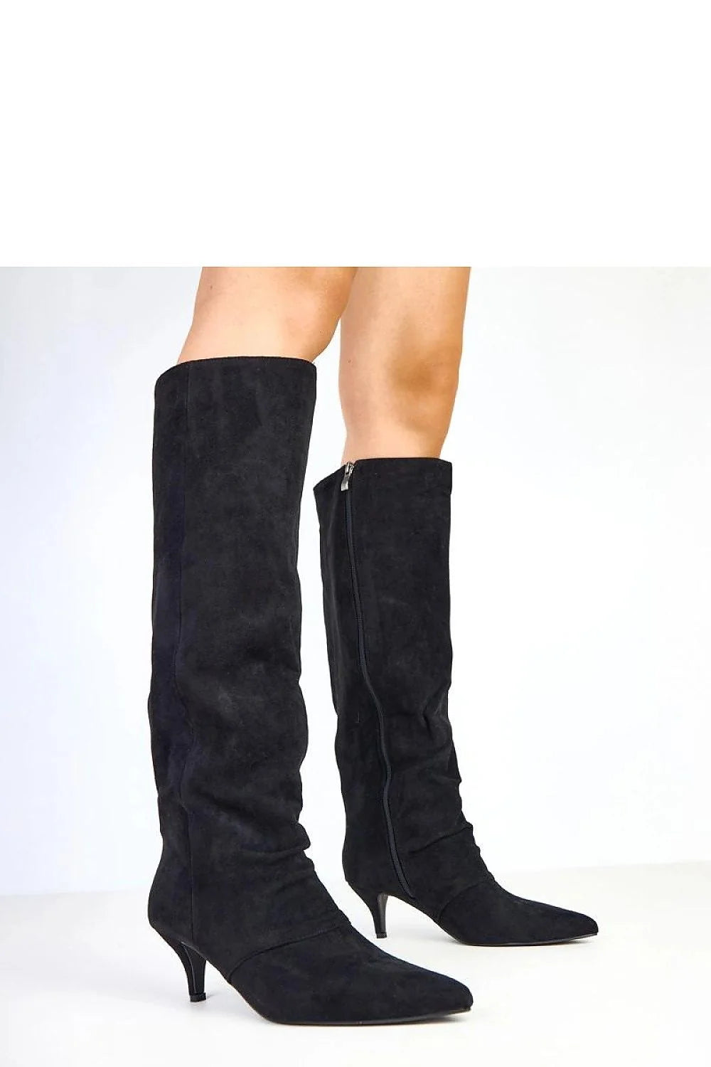 bottes femme cuir suédé noir hauteur genou tige 43cm bout pointu talon 6cm kitten élégant féminin ajusté mollet