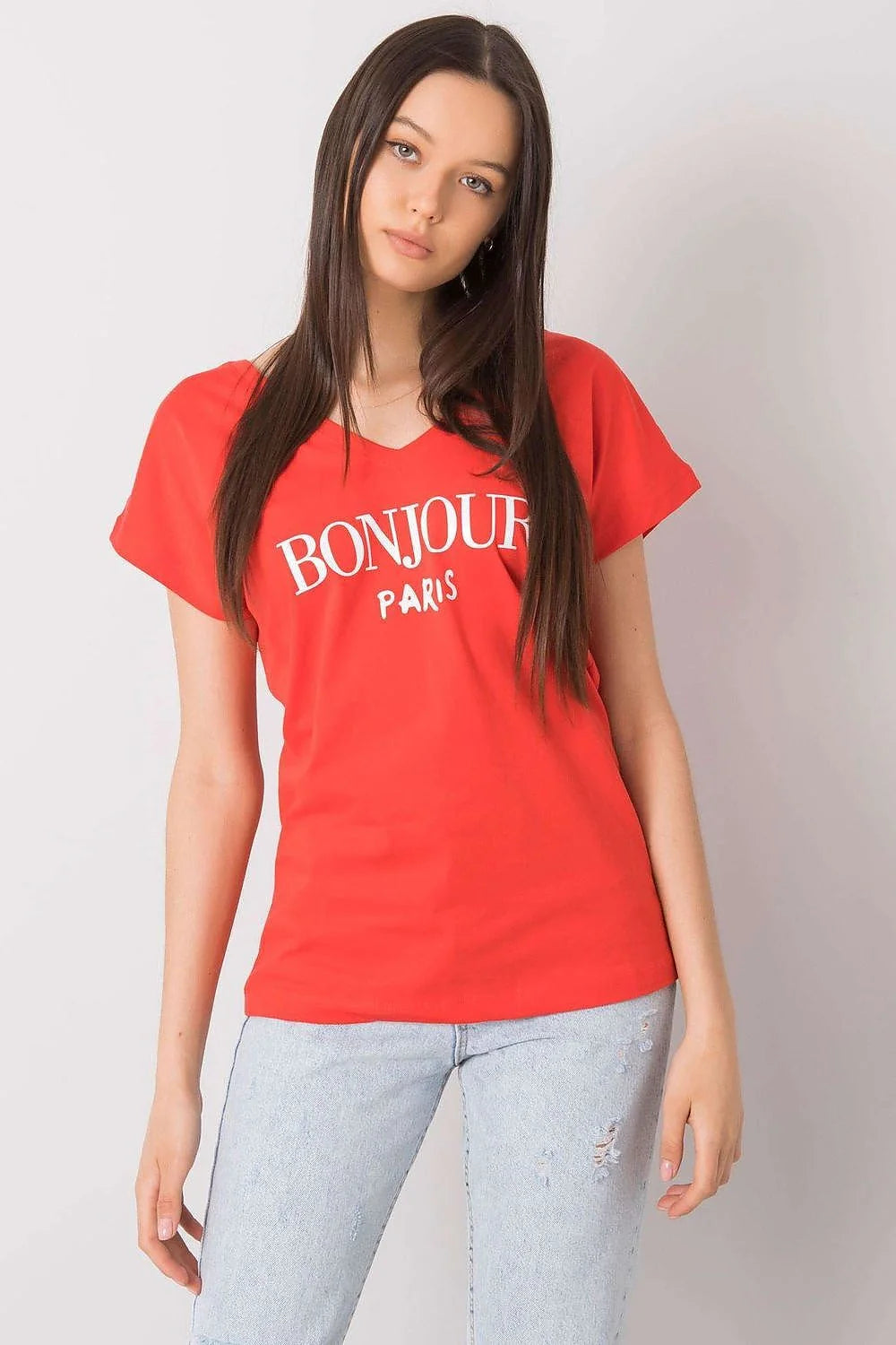 T-shirt femme style parisien rouge vif col V manches courtes coupe droite 100% coton 'BONJOUR PARIS'