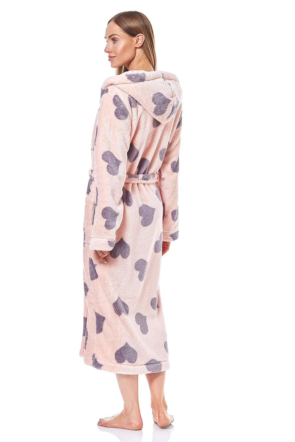 Peignoir L&L collection robe de chambre douillette femme rose pâle motifs cœurs capuche ceinture assortie longueur mollets polyester 100% style casual confort maximal idéal maison vêtement féminin