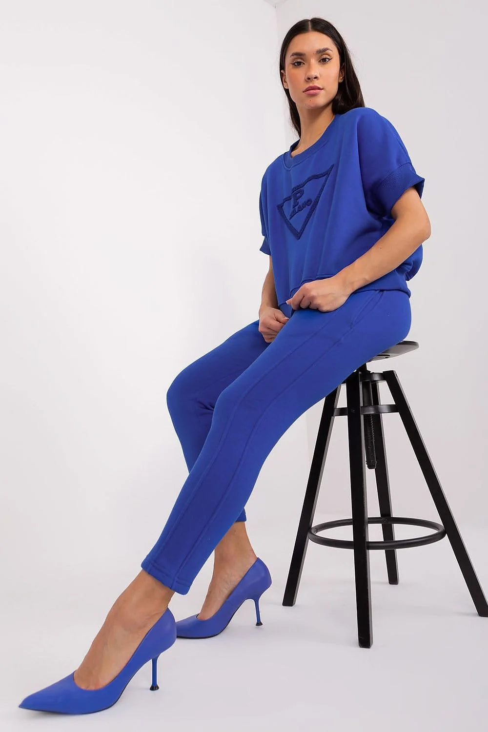 Ensemble femme mode moderne cobalt blue coton polyester ajusté pantalon pullover manches courtes élégant