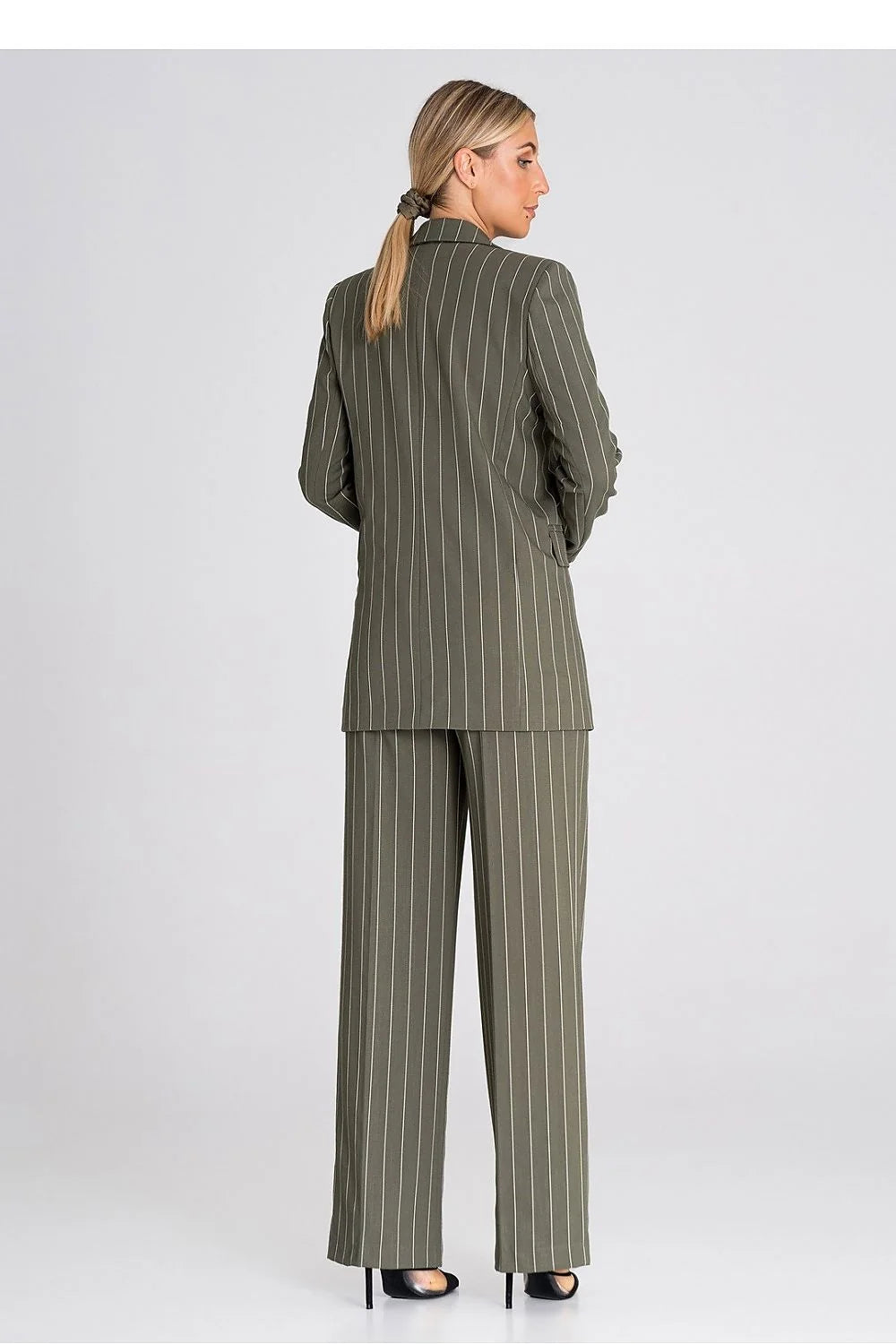 Veste blazer à manches longues double boutonnage style professionnel vert olive rayures blanches femme taille ajustable
