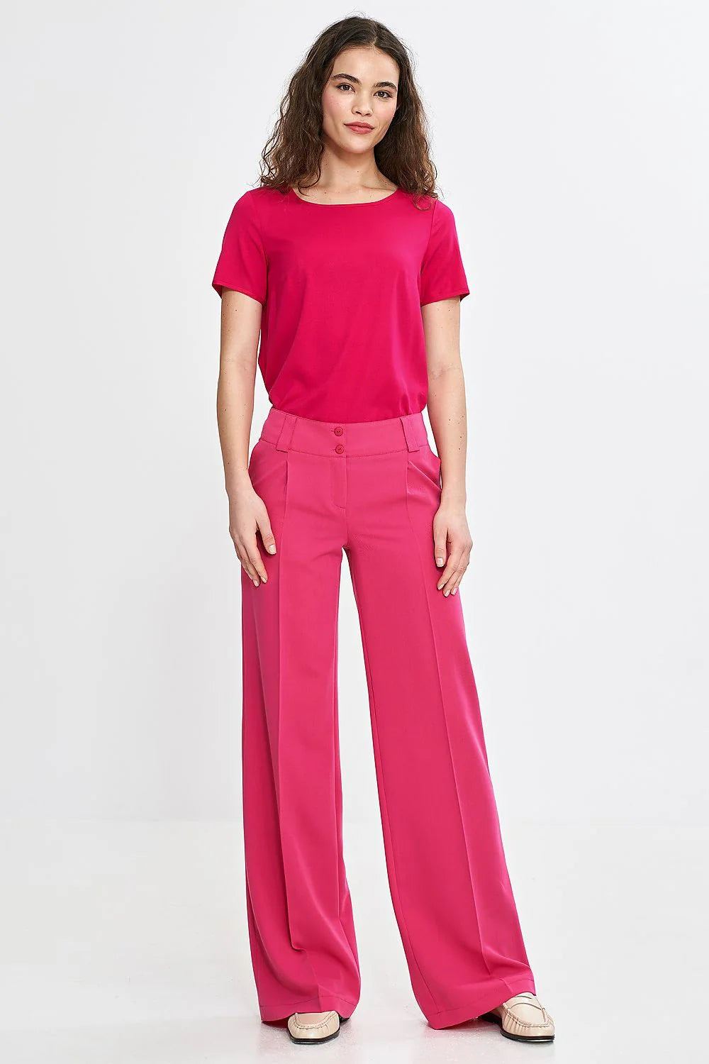 Chemisier Nife en viscose rose fuchsia manches courtes encolure bateau coupe ajustée femme moderne intemporel