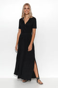 Robe de jour élégante longue manches courtes décolleté en V croisé noir kaki beige silhouette en sablier femmes