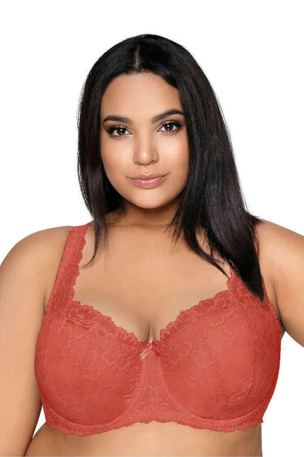 Soutien-gorge rembourré en dentelle floral brick rouge, grande taille, bretelles larges, décolleté plongeant, maintien optimal, confortable lingerie féminine