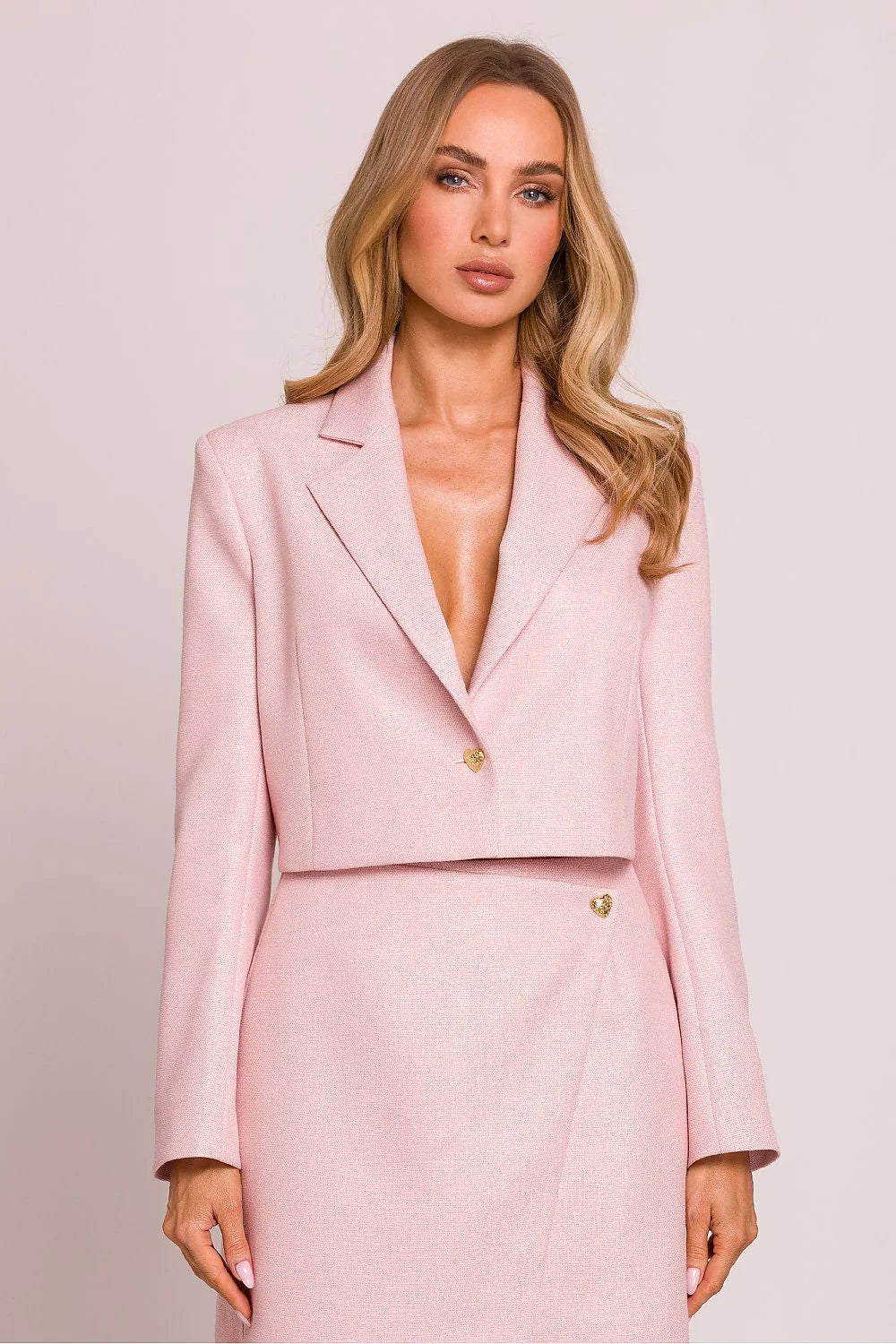 Ensemble féminin blazer jupe assortie élégant printemps-été rose pastel coupe moderne taille haute femme