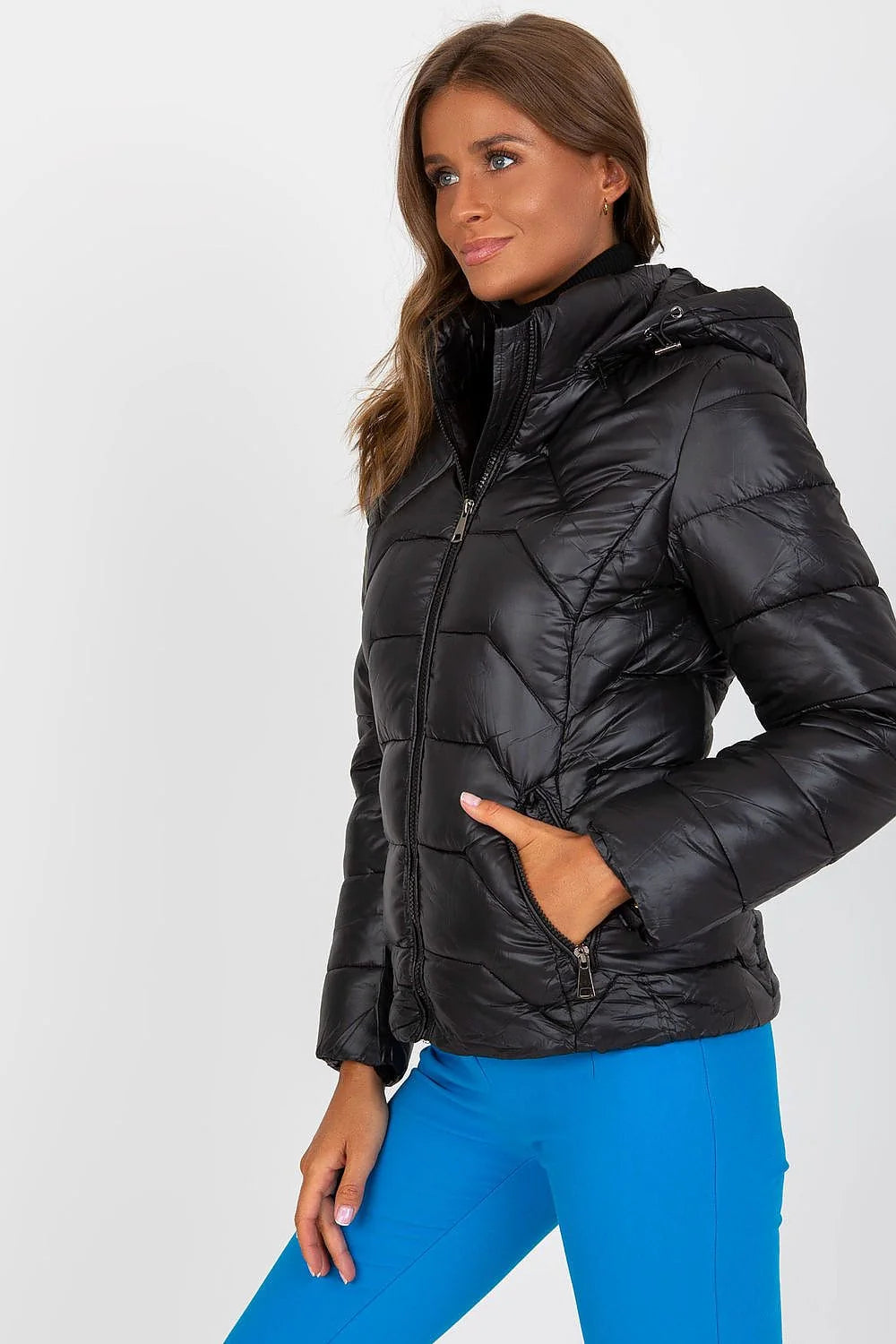 Veste NM doudoune femme noire matelassée chevron polyester manches longues capuche amovible poches zippées