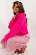 pull torsadé maille femme col roulé oversize fuchsia vif manches longues bouffantes coupe courte boxy finitions côtelées poignets base chaude