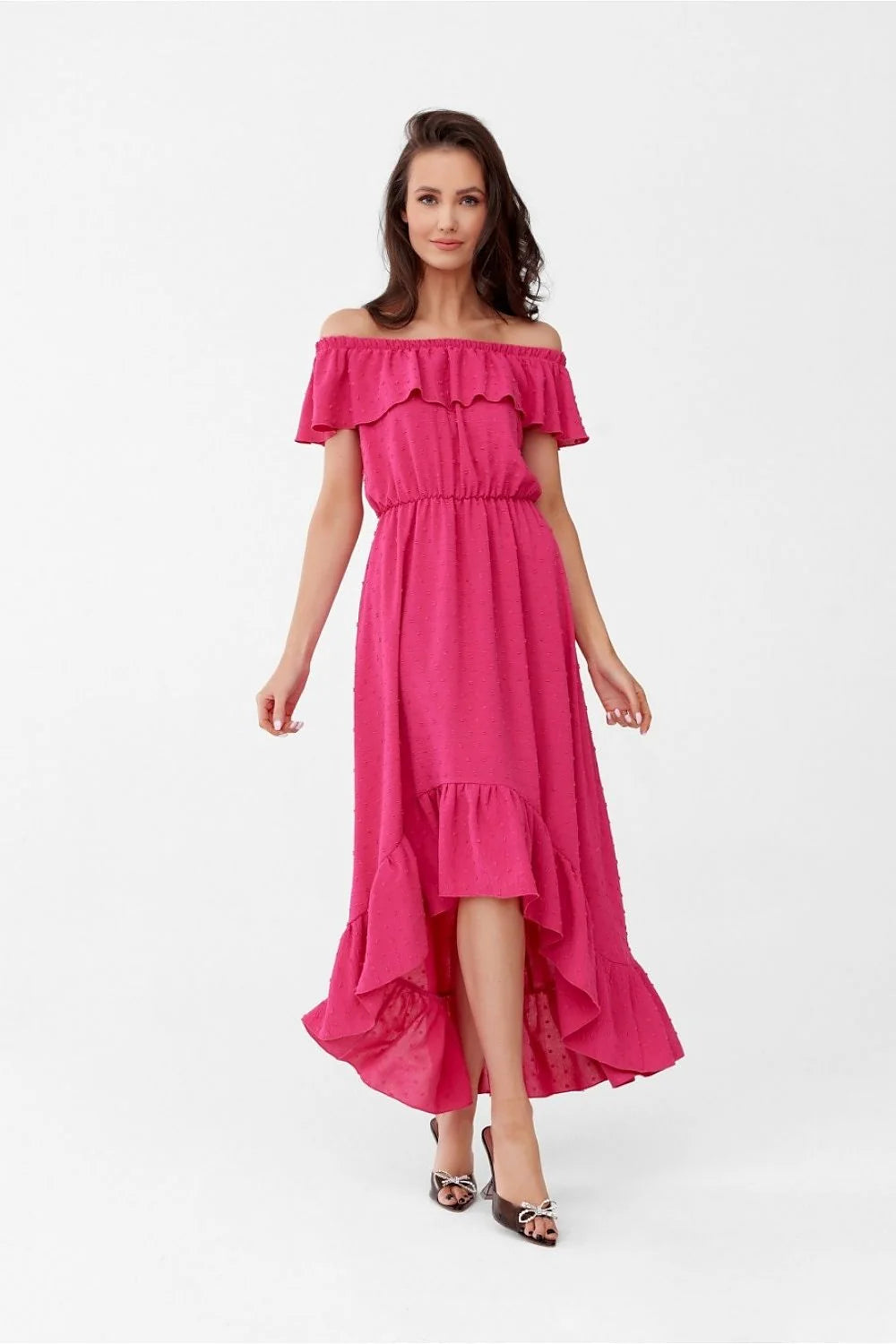 robe longue asymétrique bohème épaules ouvertes volants ourlet rose vif pois plumetis fluide léger respirant taille élastique cintrée femme estivale