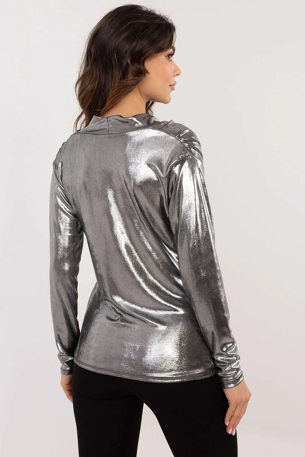 Chemisier Italy Moda élégant argenté effet métallisé manches longues encolure drapée pour soirées occasions spéciales femmes