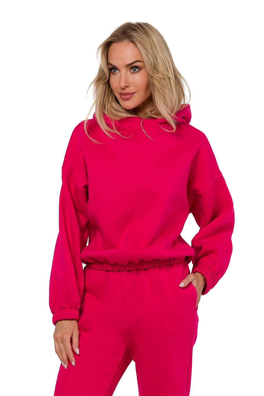 Sweatshirt Moe en maille drapé avec capuche et pantalon jogger assorti pour femme style décontracté couleur fuchsia taille élastique