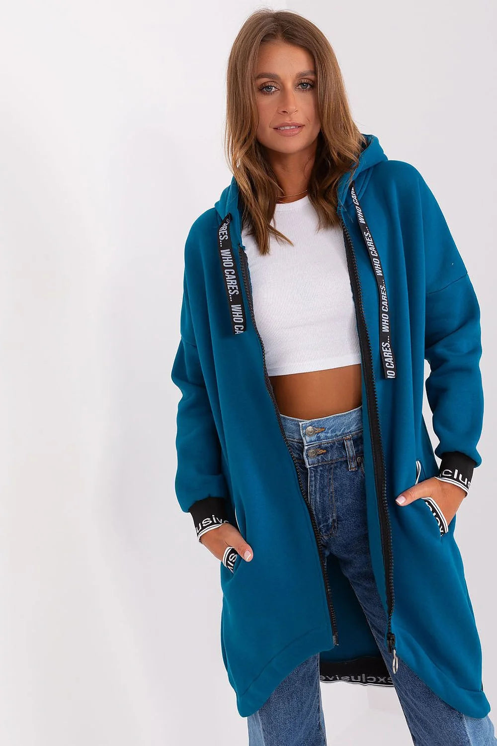 Sweatshirt Relevance pour femme longline oversized hooded zippered contrast cuffs urban style