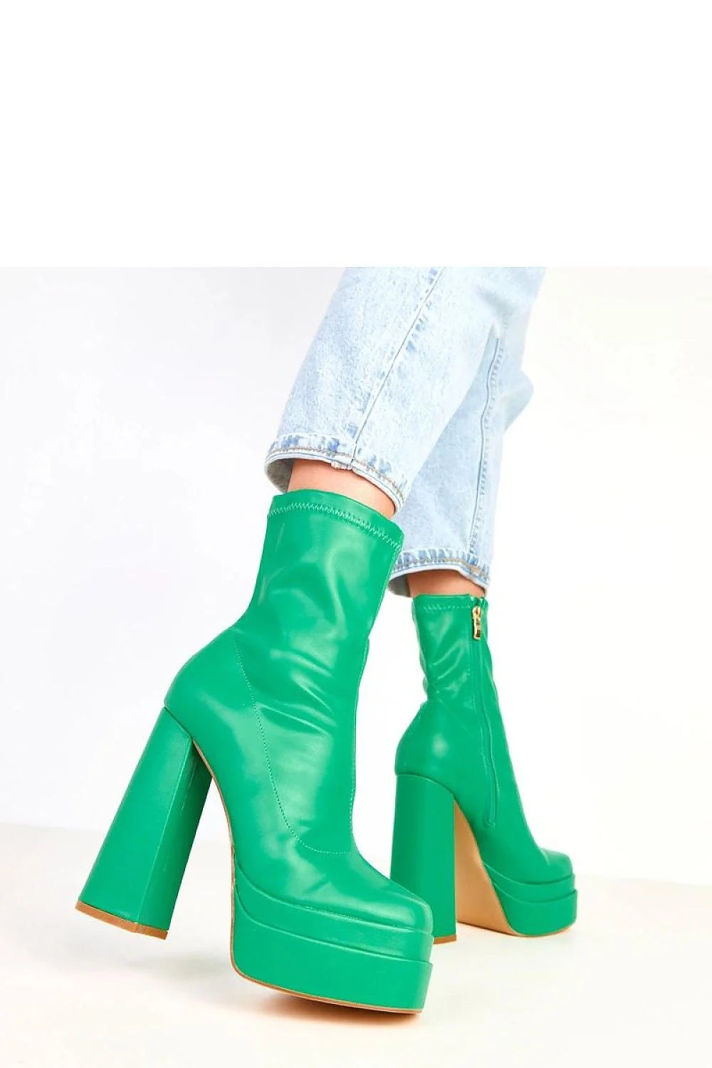 bottines femme mi mollet plateforme 5cm talon bloc 15cm bout arrondi cuir synthétique verni vert émeraude zip latéral