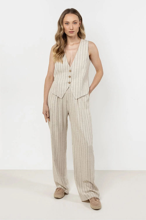 Pantalon et gilet coordonnés femme en lin rayures beige marron clair style chic décontracté coupe ajustée large confort respirable occasion semi-formelle