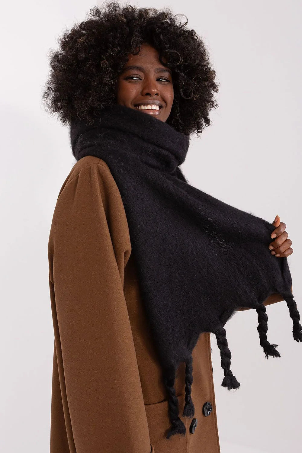 Ensemble manteau écharpe Automne Hiver marron noir laine mixte femmes longueur classe élégance poches boutons franges
