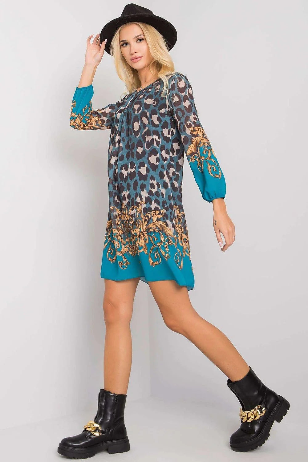 Robe de jour audacieuse Och Bella motif léopard coupe trapèze manches longues encolure ronde doublée polyester viscose femme