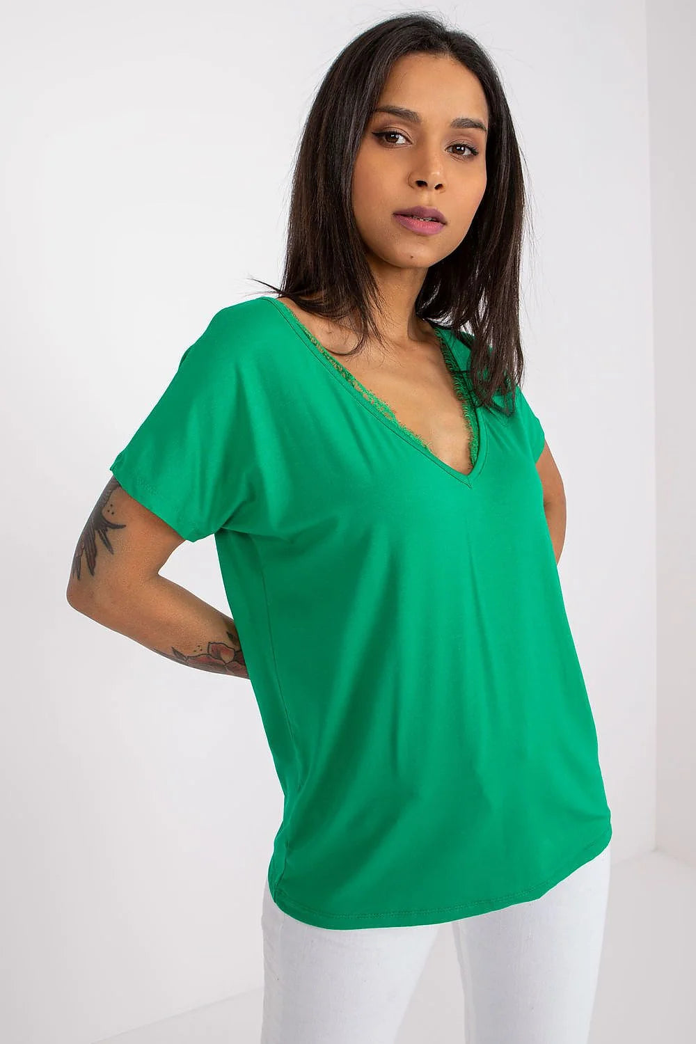 T-shirt BFG élégant pour femme en viscose élasthanne manches courtes encolure V dentelle noire taille ajustable polyvalent occasion jour soir
