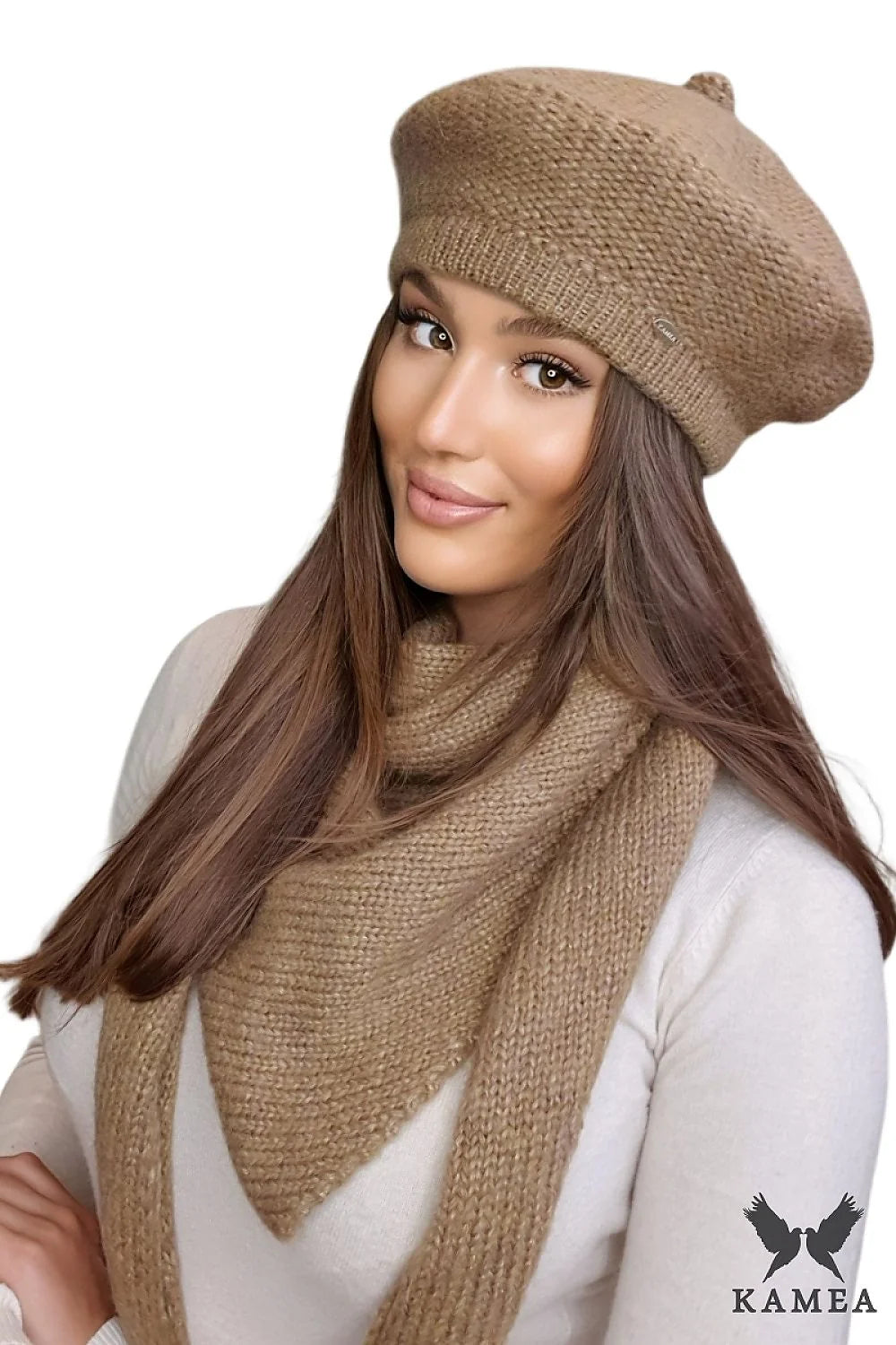 béret écharpe assortis Kamea femme hiver camel mérinos polaire tricot maille serrée triangulaire slouchy côtelé chaud doux sophistiqué