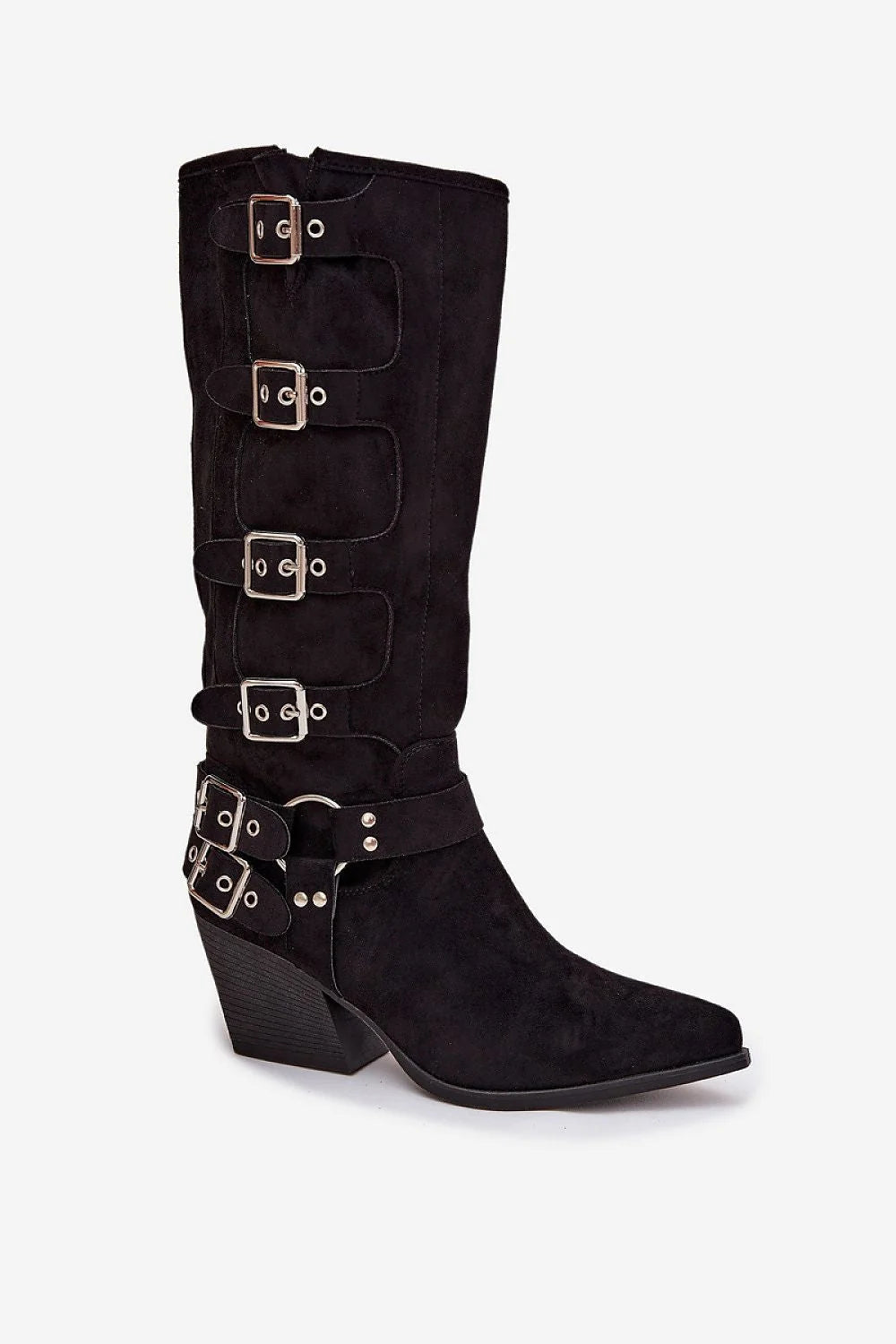 bottes cowgirl suédine femme western talon épais confort stabilité bout pointu élégance silhouette élancée fermeture éclair boucles décoratives