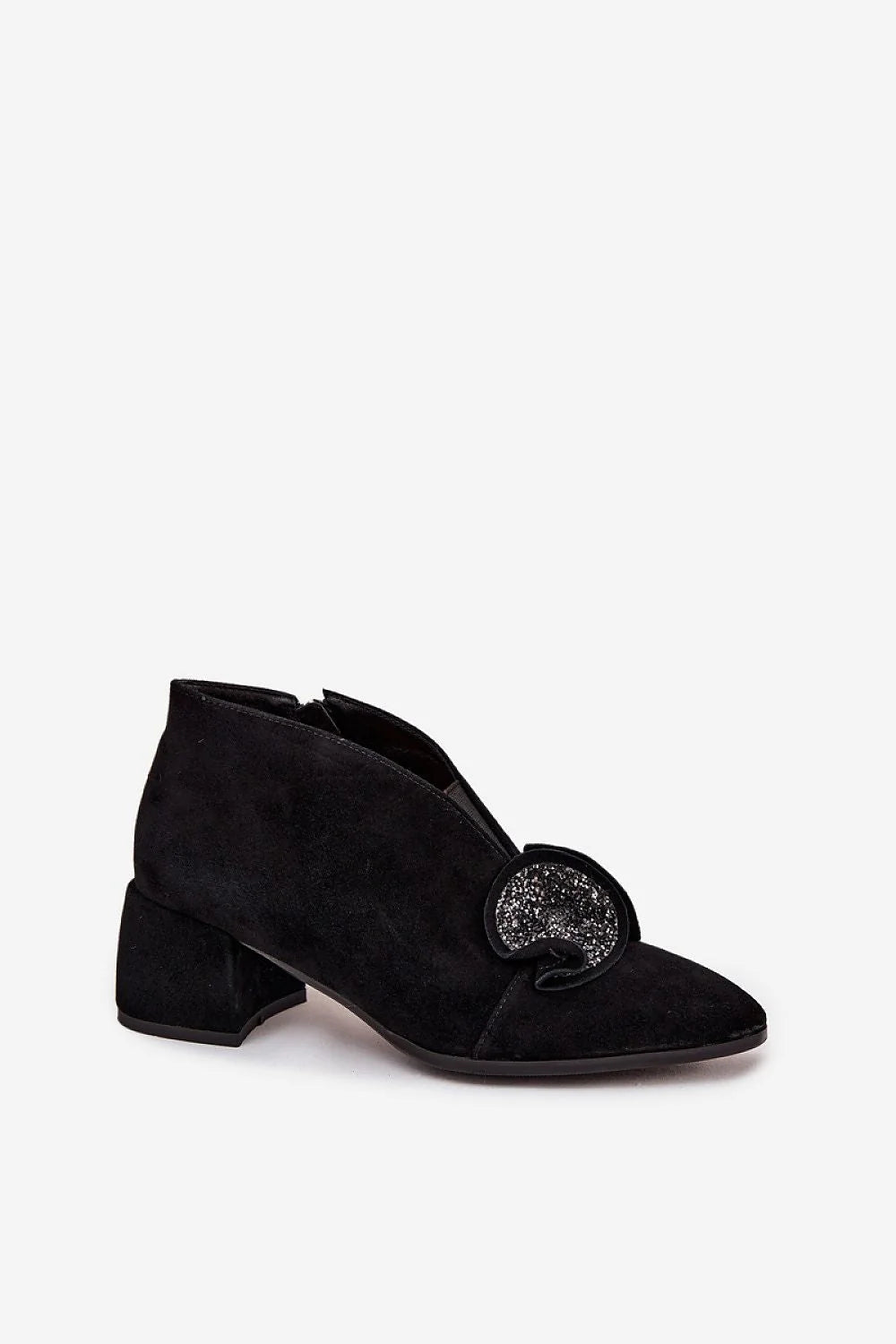 bottines femme suède noir bout amande talon carré stable confortable semelle cuir zippée latérale empiècement élastique décoration pailletée empeigne élégante