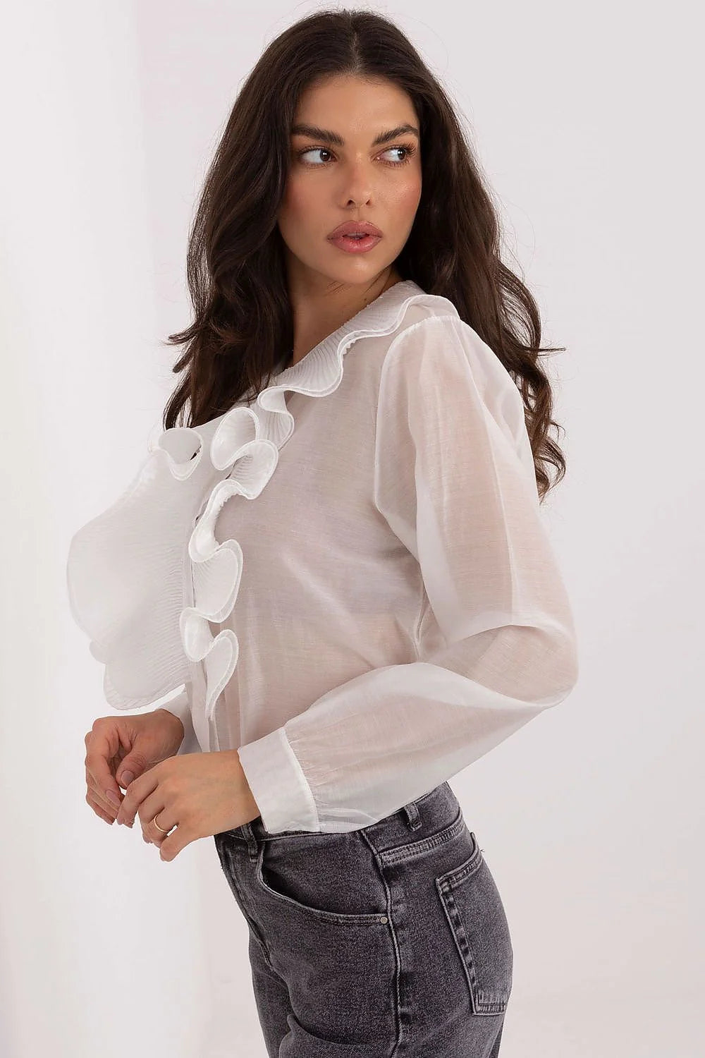 chemise femme manches longues blanche tencel polyester semitransparent chiffon plastron volant plissé col rond romantique vintage droite cintrée poignets boutonnés