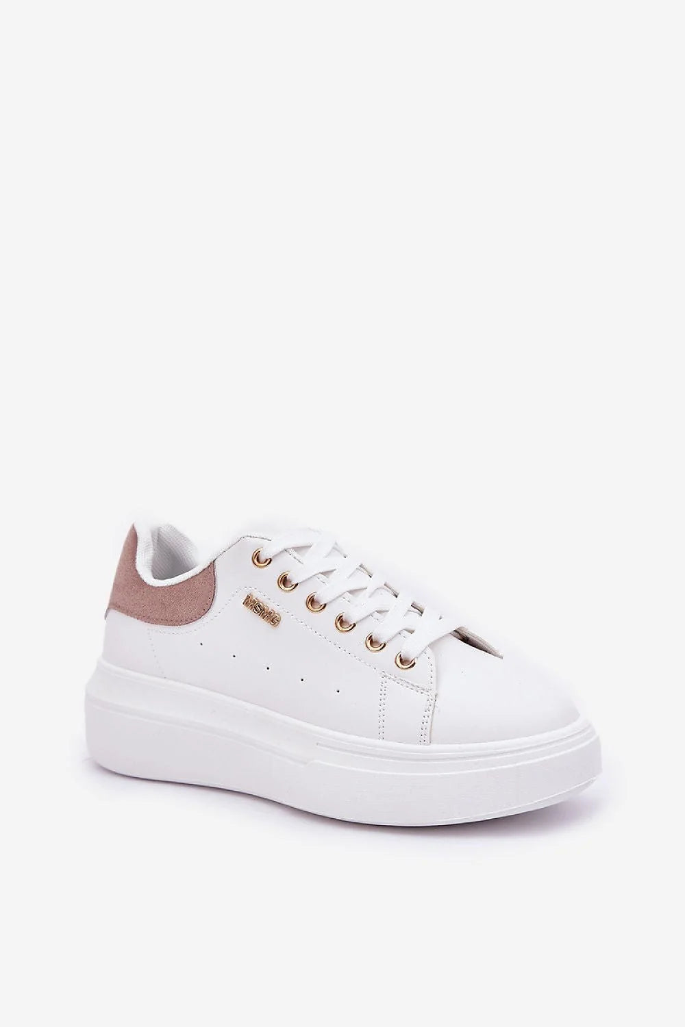 sneakers femme blanc simili cuir lisse talon suède beige œillets dorés plateforme col rembourré semelle antidérapante