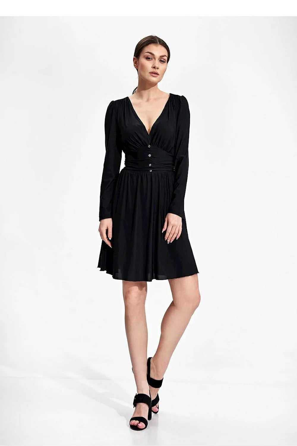Robe de jour élégante évasée genou manches longues décolleté bateau ceinture boutons sans doublure polyester élasthanne femme