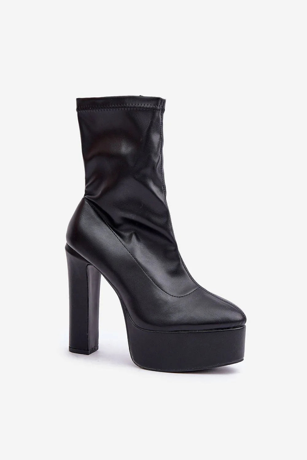 bottines femmes cuir écologique synthétique noir talon haut poteau plateforme massive montantes cheville pointu lisse brillant doublée confortable ajustée moderne