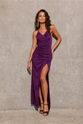 Robe de soirée élégante longue dos ouvert V-neck manches courtes fente haute matière légère élasthanne polyester femme