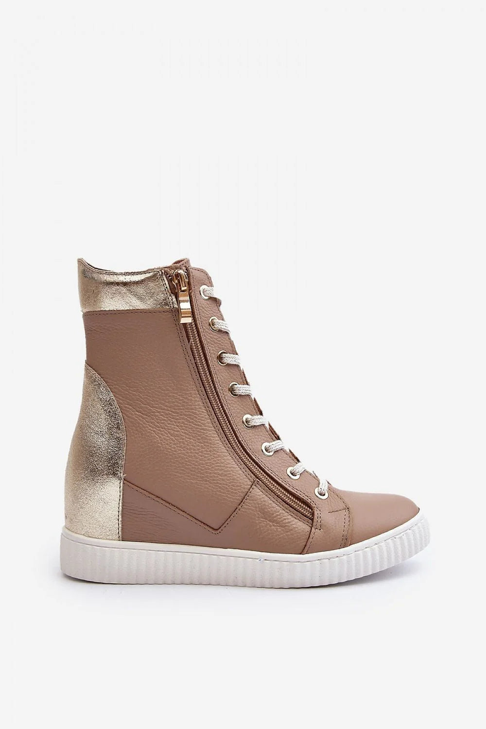 Baskets à cothurnes pour femmes en cuir taupe et doré, style élégant et moderne, confort maximal, talon 7.5 cm, semelle plateforme 2.5 cm, fermé à glissière et lacets