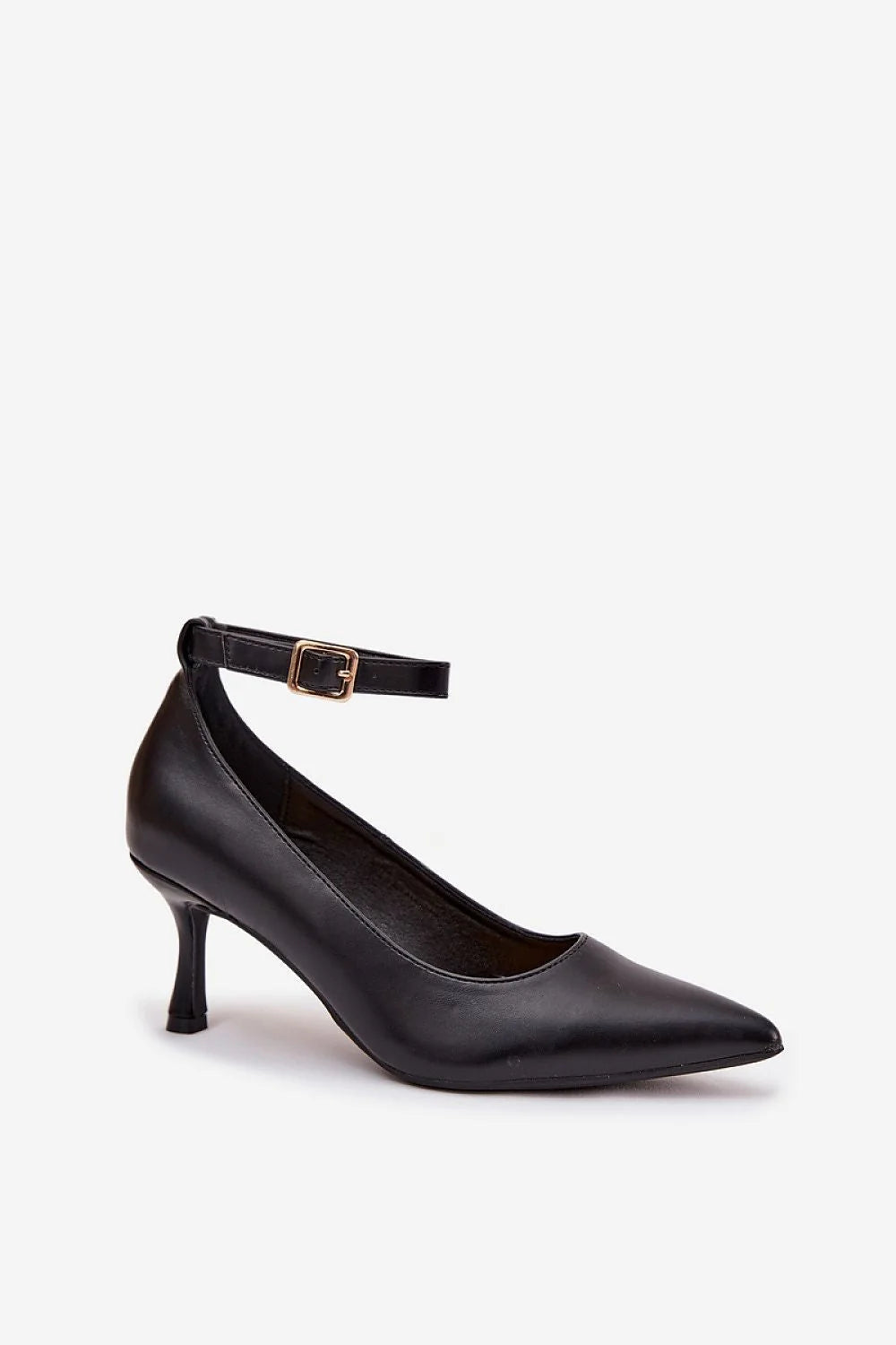 escarpins femme cuir écologique noir bout pointu bride cheville boucle dorée talon mince sept centimètres élégant bureau soirée silhouette élancée