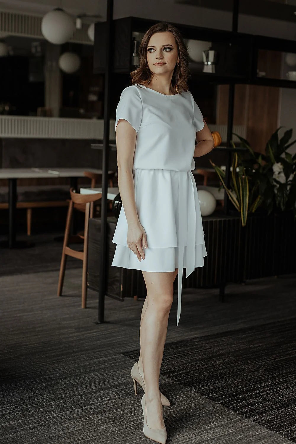 Robe de jour élégante moderne couleur bleu sarcelle manches courtes ceinture incluse taille élastique femme