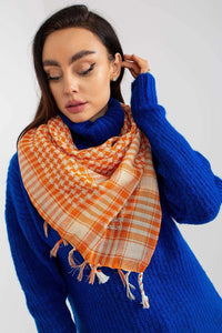 Foulard carreaux chevrons franges torsade coton polyvalent orange crème bohème ethnique décontracté original femmes