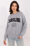 Sweatshirt femme style universitaire design sportif Carolinas coton mélange gris chiné manches raglan col rond logo authentique