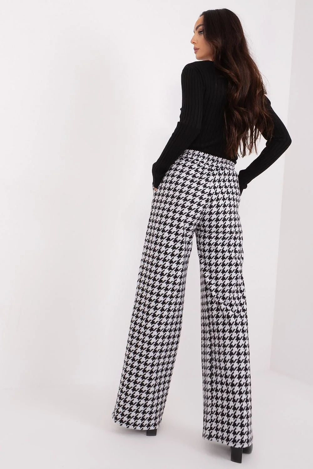 Pantalon femme Lakerta à taille haute style décontracté motif pied-de-poule noir et blanc jambe large matière coton élasthanne