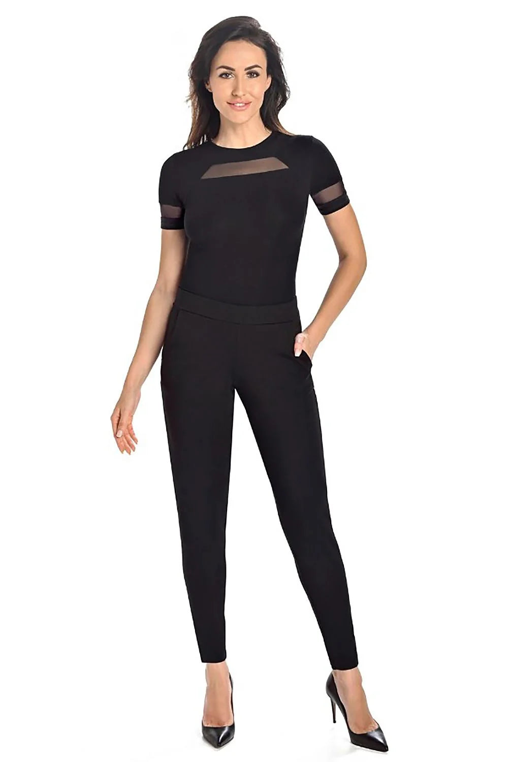 Body ajusté pour femme manches courtes en viscose maille transparente noire coupe ajustée style sophistiqué